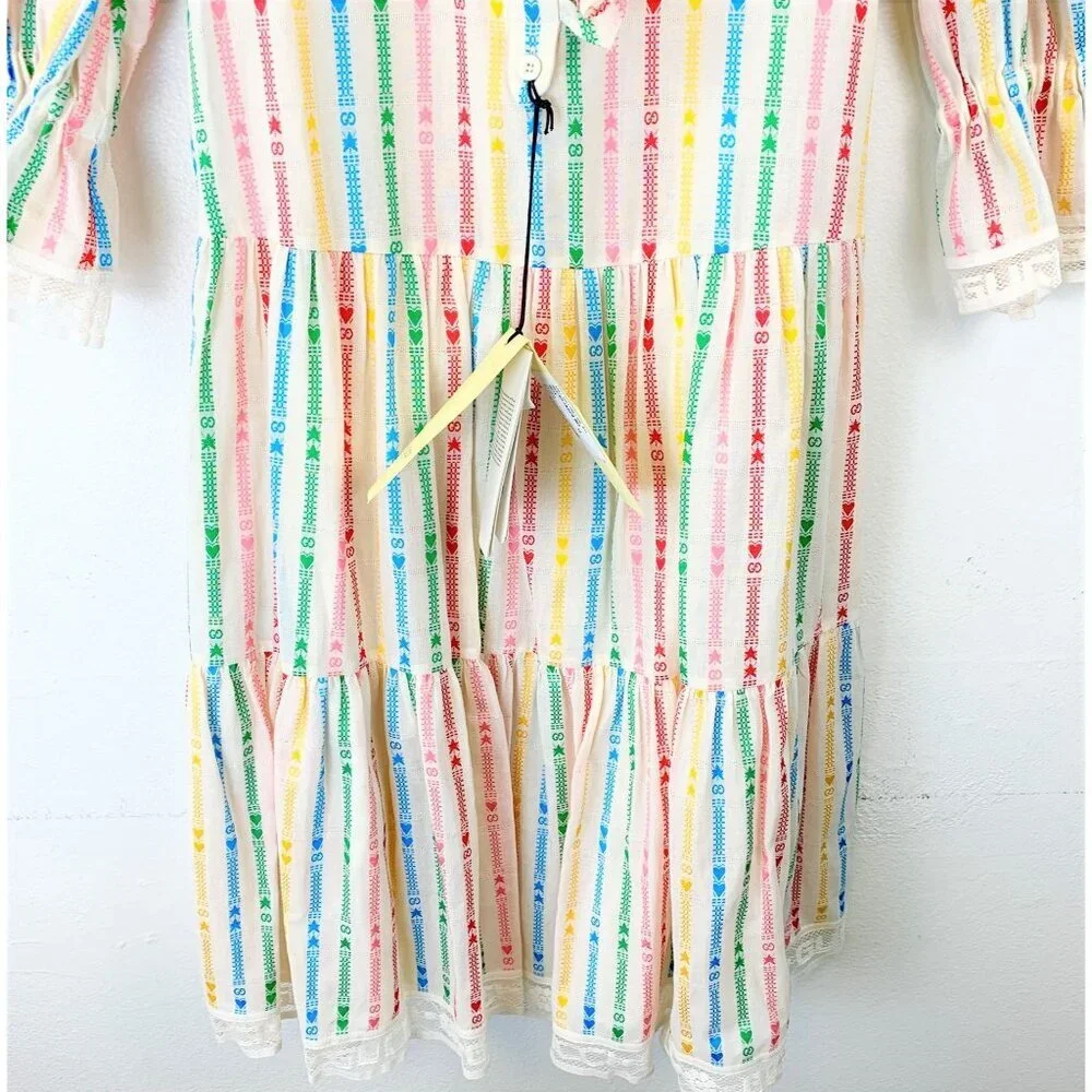NWT Gucci Kids cotton Multicolor embroidered stripe dress size 12 - Picture 6 of 11